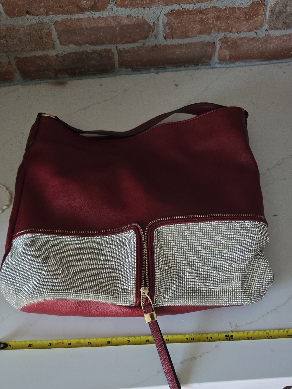New Red Women's Shoulder Bag with Rhinstone Crystal Detail